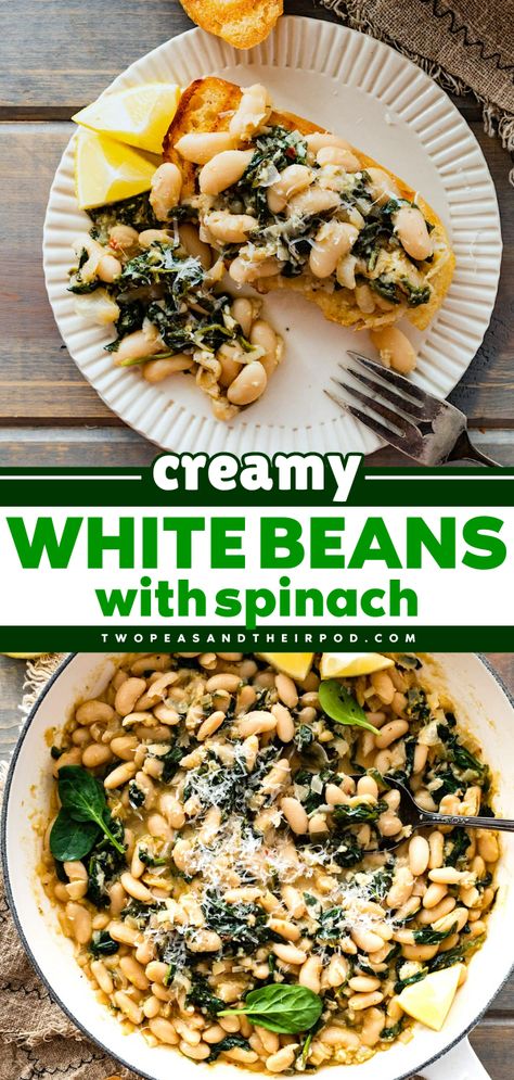 This simple white bean skillet is easy to make, satisfying, and so comforting. Serve with crusty bread for a quick and easy meal! White Bean And Broccoli, What To Make With White Beans, White Beans And Carrots, Bean Recipes For Breakfast, Ww Bean Recipes, White Bean Breakfast, Spinach And Beans Recipe, White Beans And Spinach Recipe, Dry Beans Recipes Slow Cooker