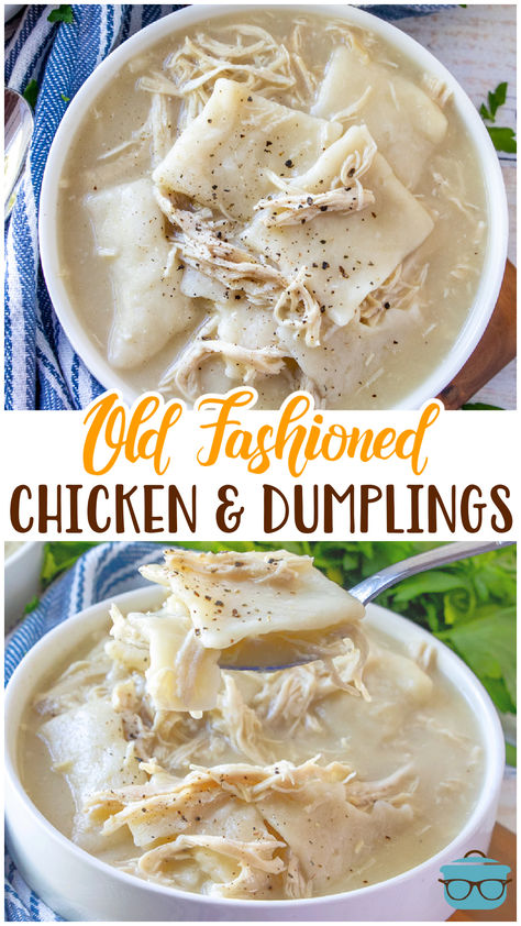 Old-Fashioned Chicken and Dumplings is a super simple recipe. Flat strips of dough simmered in a yummy broth with tender chicken. Chicken And Dumplin Recipe, Dumplin Recipe, Chicken Dumplings Recipe, Homemade Chicken And Dumplings, Dumpling Soup, Homemade Dumplings, Dumpling Recipe, Tender Chicken, Chicken Dishes Recipes