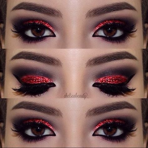 for my minnie mouse look i'm going for Red Glitter Eye make up look #2019 Trucco Smokey Eye, Carnaval Make-up, Cheer Makeup, Devil Makeup, Halloweenský Makeup, Halloween Make-up Looks, Christmas Eye Makeup, Red Eye Makeup, Red Halloween