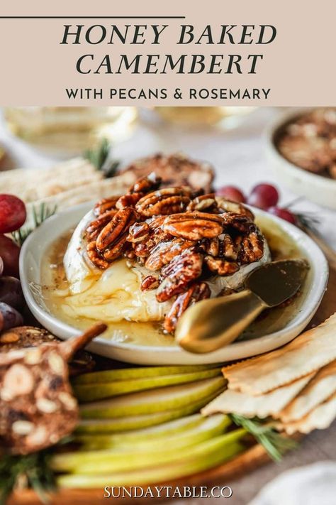 Honey baked Camembert with pecans & rosemary is a 5-ingredient appetizer that comes together in minutes! It's perfect for an appetizer board with apples and crackers and it's a go-to finger food for parties or holidays like Christmas, Thanksgiving, or Halloween. Even though this is the perfect fall appetizer, it's good any time of the year! It's make-ahead, easy, & a huge crowd-pleaser. Use brie instead of Camembert and walnuts instead of pecans - you can't go wrong. This baked brie is the best! Camembert Appetizer, Food For Parties, Fall Appetizer, Appetizer Board, Baked Camembert, Honey Baked, Fall Appetizers, Crowd Pleasing Appetizers, Baking With Honey