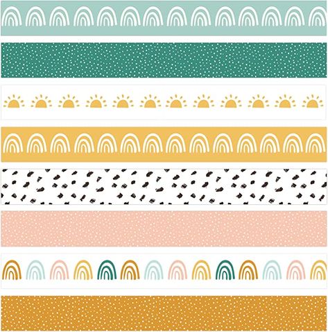 Package Includes - 72pcs boho theme bulletin border stickers in 8 designs, each design contains 9pcs, sufficient for classroom decoration. Boho Style Design - The bulletin border takes boho as the theme, designed in 8 styles, they have unique patterns like rainbow, sun, etc., simple and adorable, mainly colored in blue, pink and yellow, fresh and unique, rich styles offer you various combination choices, wonderful for decoration. Boho Bulletin Board, Motivational Bulletin Boards, Rainbow Bulletin Boards, Stickers For School, Colorful Bulletin Boards, Neutral Classroom Decor, Bulletin Borders, Colorful Trim, Border Sticker