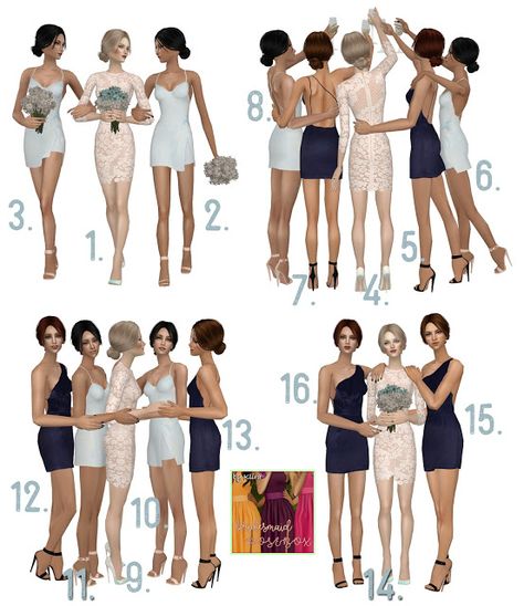 Sims2City: Bridesmaid Posebox Photography Figure, Cartoon Pose, Prom Photography Poses, Bridesmaid Poses, Sims 4 Family, 4 Poses, Family Picture Outfits, Posing Guide, Model Poses Photography