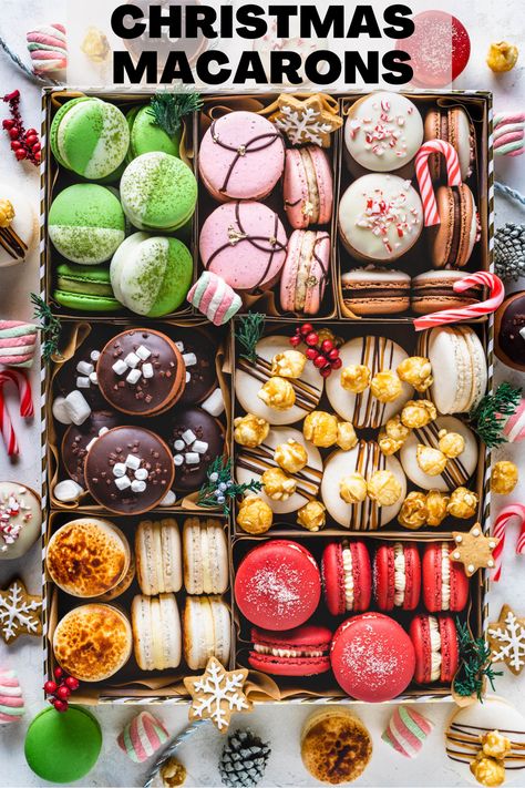 Holiday Macarons Christmas, Macaron Recipe Christmas, Macaron Christmas Gift, Dairy Free Macaron Filling, Christmas Flavor Macarons, Christmas French Macarons, Christmas Macaron Flavors, Holiday Macarons Flavors, Christmas Macarons Recipe