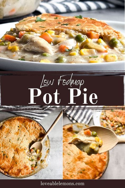 serving size chicken pot pie on a white plate, pie plate with a wooden spoon. Low Fodmap Chicken Pot Pie, Low Fodmap One Pot Recipes, Chicken Recipes Low Fodmap, Gluten Free Leftover Chicken Recipes, Fodmap Chicken, Ibs Friendly Food, Low Fodmap Chicken, Fodmap Recipes Dinner, Chicken Pie Recipe