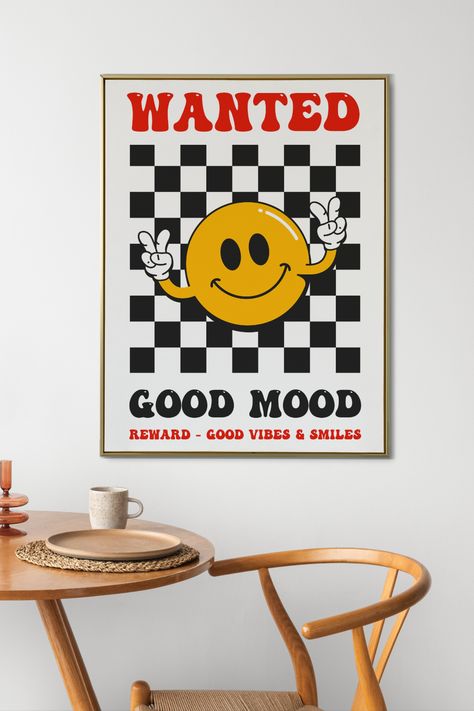 Retro art print for good mood, aesthetic room decor Retro Style Painting, Simple Poster Ideas, Retro Doodles, Positivity Posters, Wall Posters Bedroom, Art Print Aesthetic, Ideas Cuadros, Trendy Art Prints, Study Desk Decor