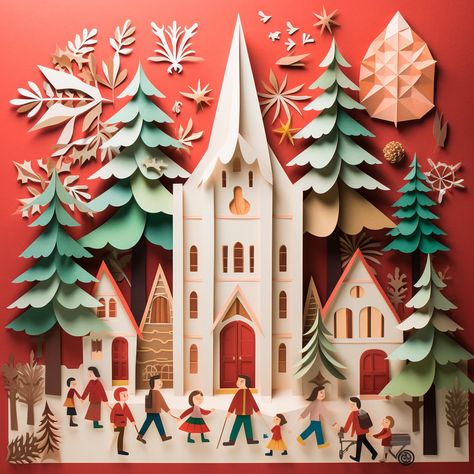 3d Paper Art Christmas, Christmas Paper Art, Christmas Paper Decorations, Graphic Design Christmas, Xmas Cards Diy, Christmas Stage Design, Paper Journaling, Valentines Tea Party, Paper Scene