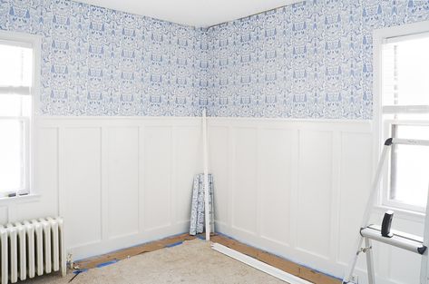 determining Coastal Board And Batten Wall, Coastal Accent Wall Ideas, Accent Wall Laundry Room, Half Wallpaper, Paint Bedroom, Blue Interiors, Batten Wall, Board Batten, Basement Finishing