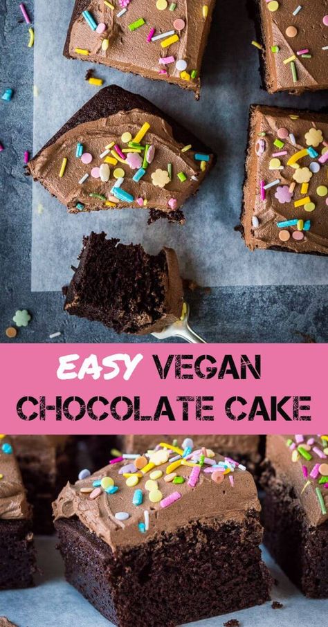 Easy vegan chocolate cake - this simple vegan chocolate sheet cake is quick and easy to make and doesn't use any unusual or hard to find ingredients. It is so moist and rich you would never guess that it is free from eggs and dairy! #vegan #vegancake #chocolatecake #veganbaking #plantbased #eggless #dairyfree #veganchocolatecake #snackcake #celebrationcake #chocolatebuttercream #veganfrosting Easy Vegan Chocolate Cake, Vegan Frosting, Chocolate Bread Pudding, Chocolate Sheet Cake, Vegan Chocolate Cake, Vegan Cake Recipes, Valentine's Day Recipes, Vegan Dessert, Chocolate Pies