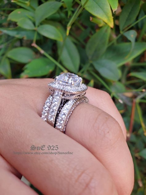 4.35ct Halo Cushion Cut Bridal Wedding Ring Set Engagement Ring Diamond Simulated 925 Sterling Silver Anniversary Ring by SunEEinc on Etsy