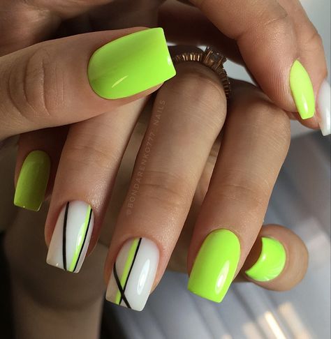 Neon Nails For Short Nails, Neon Simple Nails, Simple Neon Nail Designs, Neon Nails For Summer, Bright Summer Acrylic Nails Short Square, Short Neon Nail Designs, Neon Nail Inspo Short, Neon Green And White Nails, Bright Summer Nails Designs Neon Fun Color Combos