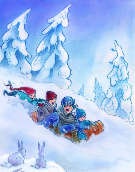 Sledding Drawing, Sledding Illustration, Winter Mural, Ride Drawing, Sleds For Kids, Winter Illustrations, Sled Ride, Pictures Winter, Art Deco Paintings