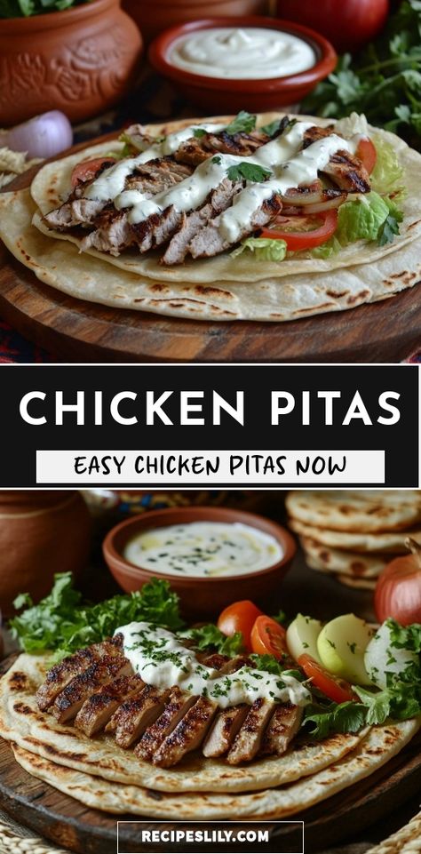 I can't get enough of these easy chicken pitas! Juicy grilled chicken served on warm, soft pita bread, topped with fresh lettuce, tomatoes, and a drizzle of creamy sauce. Perfect for a quick lunch or a light dinner. Try them now and enjoy a burst of flavors! Chicken Pesto Pita, Grilled Chicken Pita Recipes, Meals With Pita Bread, Pita Bread Recipe Ideas, Pita Sandwich Recipes, Pita Bread Ideas, Chicken Pita Recipes, Chicken Pitas, Pita Pocket Recipes