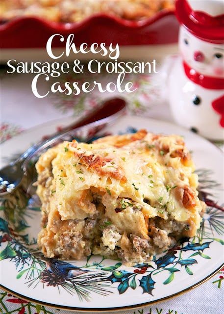 Cheesy Sausage and Croissant Casserole Sausage And Croissant Casserole, Croissant Casserole, Croissant Breakfast Casserole, Holiday Recipies, Thanksgiving Breakfast, Bread Puddings, Croissant Breakfast, Croissant Recipe, Breakfast Casseroles