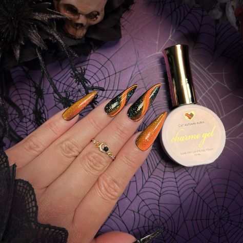 Swipe to watch the NEW Enchanted Chameleon Cat Eye Charme Gels color shift 😻✨ Are you loving the new gels? Vote in the comments 👇 Comment “ENCHANTED” for the direct link to shop! 🔗 Save & share for spooky Halloween & fall nail inspo! 🍁🎃 Follow @daily_charme for more nail trends! 💅 #cateyenails #spookynails #velvetnails #colorshiftingnails #nailarttrends #diynails #nailpoll #nailtech #nailartsupplies #nailart #gelnails #nails #fallnails #halloweennails #halloween2024 #beetlejuicenails #hallo... Black And Orange Cat Eye Nails, Halloween Cat Eye Nails, Fall Cat Eye Nails, Bright Orange Nails, Autumn Aura, Ombre Chrome Nails, Velvet Nails, G Nails, Colors Of Autumn