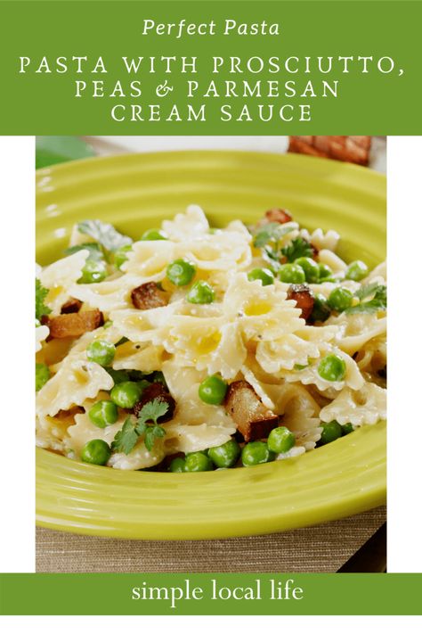 Pasta with Prosciutto and Peas in Parmesan Cream Sauce - Simple Local Life Prosciutto Sandwich, Prosciutto Pasta, Ham Pasta, Pasta With Peas, Cream Sauce Pasta, Creamed Peas, Favorite Chili Recipe, Creamy Pasta Sauce, Parmesan Cream Sauce