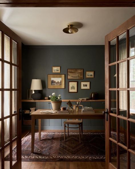 Rejuvenation | One light, endless options. Get inspired with our Crawford light, customized and styled in different rooms throughout the home. ➡️ 1.... | Instagram Dark Blue Study, Snug Office, Traditional Office Design, Traditional Home Kitchen, Paneled Office, Traditional Home Decor Ideas, Ranch Cottage, Simple Home Office, Bedroom Cream