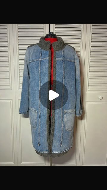 Jeanette on Instagram: "My Longline Trucker Jacket is complete & I finished it in one weekend! I couldn’t wait to wear it.  As soon as I trimmed the last thread I put it on & went out to run some errands. It’s so comfortable & has a nice weight to it. 

I was inspired by “BlankNYC” Longline Denim & Faux Shearling Trucker Jacket.

My version is somewhat different in design & color but I’m very happy with the outcome. I used a gray sherpa instead of cream & I used thrifted men’s size 48 jeans that I got for $13. I disassembled the jeans & sewed the back pockets on the lower front of the jacket & placed the jean’s inseam along the front for more interest. 

The pattern I used is #simplicity2150 in View D. I added 16” to the length & I added side pockets because you can never have too many poc Diy Jacket, Blank Nyc, Trucker Jacket, Design Color, In Design, Long A Line, Farmer, Color Design, Going Out