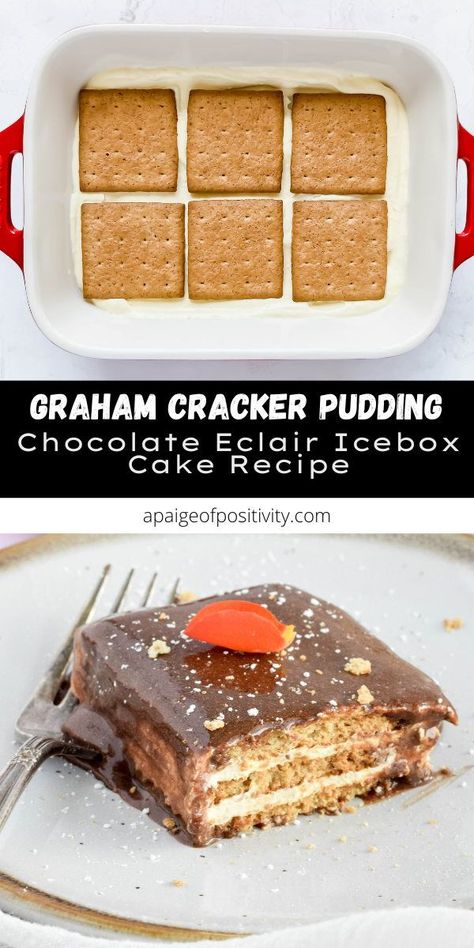 Don’t sleep on a refrigerator cake or a.k.a. an icebox cake. They’re so easy to make, no baking required, and have minimal ingredients! This Pudding Icebox Cake has eclair inspired flavors with a graham cracker base, layers of vanilla pudding and cool whip, all topped with a chocolate frosting that is impossible to resist. Pudding Icebox Cake, Pudding And Cool Whip, Chocolate Eclair Dessert, Eclairs Dessert, Refrigerator Cake, Icebox Cake Recipes, Chocolate Ganache Frosting, Sugar Free Pudding, Healthy Chocolate Chip