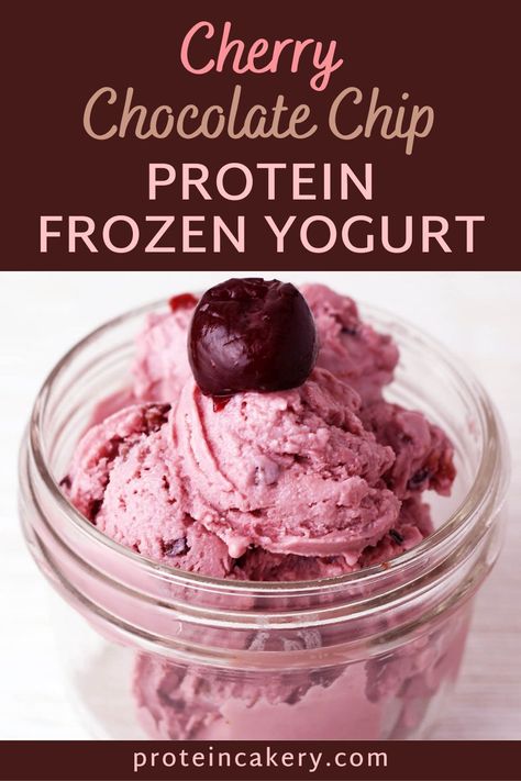 This Cherry Chocolate Chip Protein Frozen Yogurt is made with whey protein and Greek yogurt for a cherry-licious high protein dessert or snack. A healthy alternative to store bought frozen yogurt. Yogurt And Protein Powder, High Protein Desserts Greek Yogurt, Frozen Greek Yogurt Dessert, Protein Pudding Greek Yogurt, Greek Yogurt Protein Ice Cream, Protein Desserts Low Carb, Protein Frozen Yogurt Bites, High Protein Frozen Yogurt, Protein Frozen Yogurt