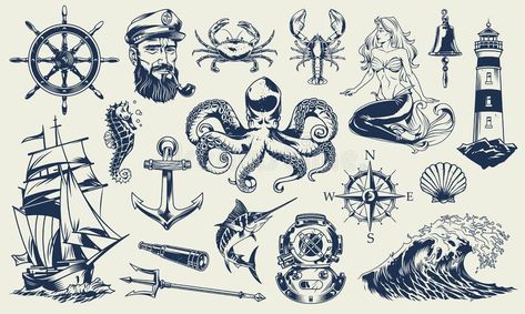 Vintage Nautical Tattoo, Anchor Drawings, Nautical Logo, French Images, Nautical Elements, Pirate Tattoo, Nautical Tattoo, Image Stickers, Vintage Mermaid