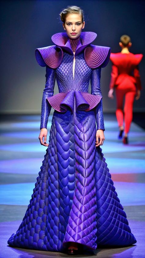 Model wearing a bold purple futuristic couture gown with structured silhouettes, perfect for high-fashion looks in 2024 Purple Couture, Structured Fashion, Fashion Show Themes, Purple Gown, High Fashion Trends, Purple Gowns, High Fashion Editorial, Colors And Patterns, Futuristic Fashion