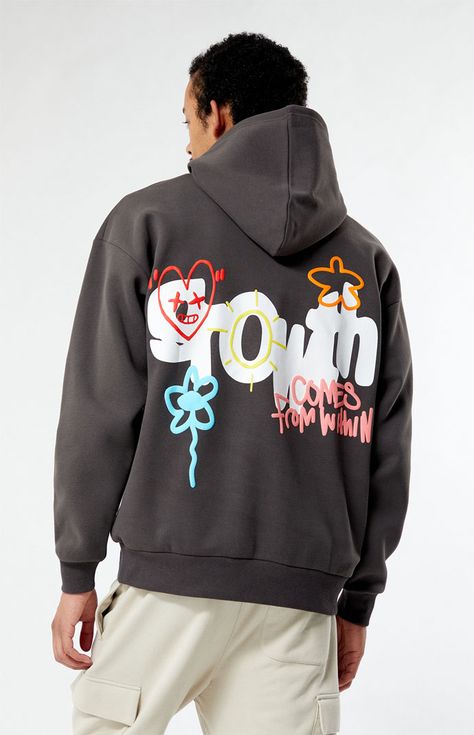 Step up your hoodie game with the Home Grown Hoodie from PacSun. This hoodie features a fixed hood, long sleeves, a kangaroo pocket, a standard fit, and a soft fleece fabrication for ultimate comfort. The puff graphics on the front and back add a touch of style, making it the perfect choice for a cozy and trendy look.   	Hooded neckline 	Long sleeves 	Standard fit 	Kangaroo pocket 	Puff graphics front & back 	50% Cotton, 50% polyester 	Machine washable 	Model is wearing size medium 	Model Measurements: 6'2” Height, 28" Waist, 32” Inseam Sleeve Print Hoodie, Multi Colored Hoodie, Sweatshirts For Men Casual Styles, Men’s Graphic Hoodie, Trending Hoodie Designs, Back Of Sweatshirt Designs, Men Hoodies Aesthetic, Aesthetic Hoodies Men, Cool Hoodies Mens