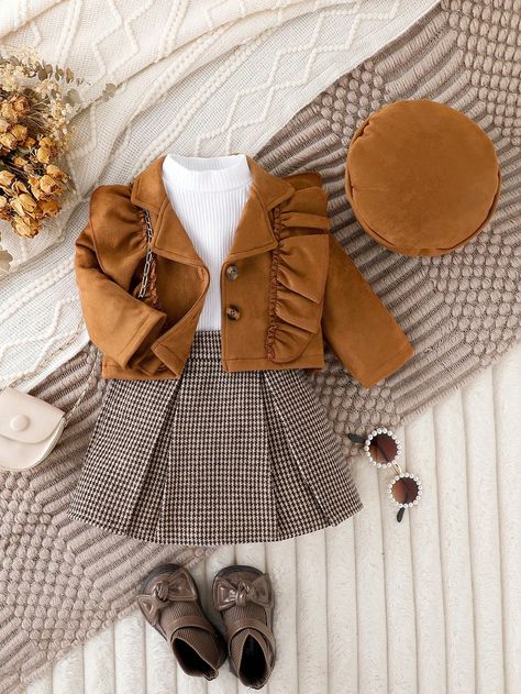 Brown  Collar   Houndstooth  Embellished Non-Stretch Spring/Fall Baby Girls Clothing Baby Rock, Luxury Baby Clothes, Pleated Skirt Set, Fall Baby Clothes, Plaid Pleated Skirt, Kids Fashion Dress, Trim Jacket, Children Clothing