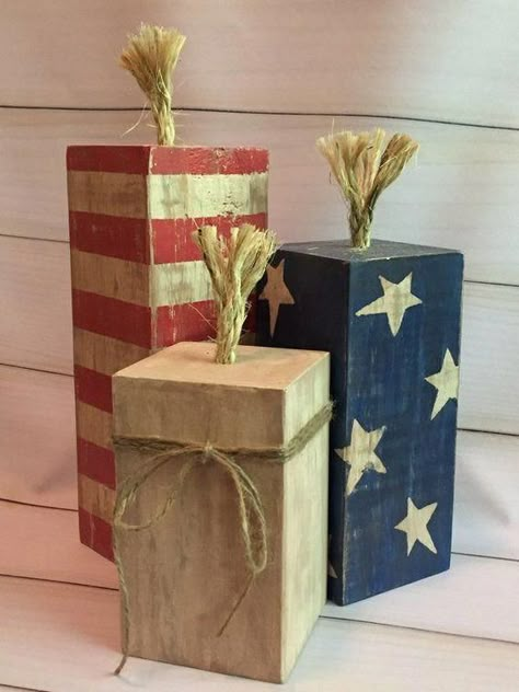 The Cutest 4x4 Firecracker Wood Block Project Ideas | Roost + Restore 4x4 Crafts, 4x4 Wood Crafts, Americana Crafts, Wood Block Crafts, 4th July Crafts, Fourth Of July Decor, Block Craft, Scrap Wood Projects, American Flags