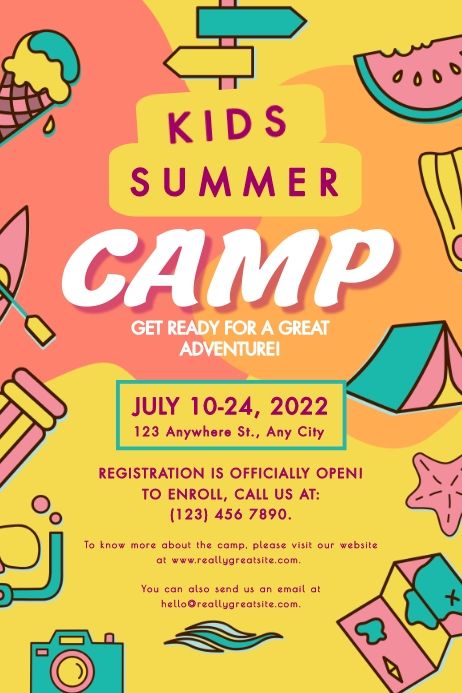 Summer Camp Banner, Class Poster Design, Poster Design Kids, Summer Camp Activities, Class Poster, Poster Template Free, Summer Courses, Summer Classes, Summer Poster