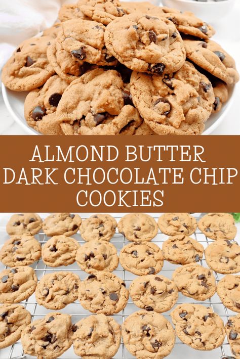 Almond Butter Chocolate Chip Cookies ~ Chewy and sweet almond butter cookies studded with dark chocolate. Dairy-free recipe. Pumpkin Almond Butter Cookies, Recipe Using Almond Butter, Cookies With Almond Butter, Chocolate Chip Cookies Chewy, Vegan Molasses Cookies, Almond Butter Chocolate Chip Cookies, Butter Crunch Cookies, Almond Butter Cookie Recipe, Almond Butter Chocolate