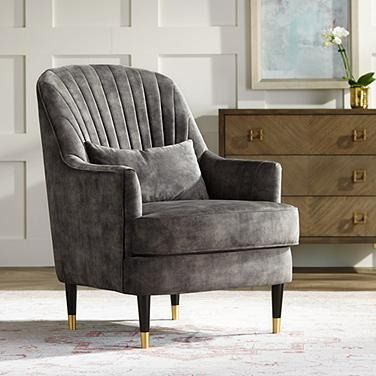 Austen Charcoal Gray Velvet Tufted Armchair with Pillow Gray Velvet Accent Chair, 2023 Apartment, Grey Velvet Chair, Living Room Lighting Tips, Tufted Armchair, Apartment Vibes, Tufted Accent Chair, High Back Armchair, Downing Street