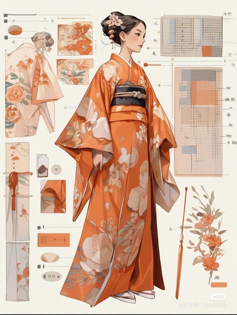 Japan Kimono Drawing, Kimono Outfit Japanese Drawing, Kimono Sleeve Drawing, Kimono Fantasy Design, Kimono Art Design, Japanese Dress Traditional Kimono Japan, Japanese Fashion Drawing, Kimono Design Ideas, Kimono Aesthetic Traditional