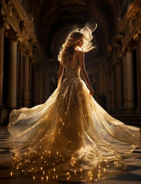 Golden Fantasy Dress, Light Princess Aesthetic, Dawn Court Dress, Blonde Princess Aesthetic, Golden Dress Aesthetic, Golden Dress Outfit, Ball Dress Aesthetic, Space Castle, Dramatic Character