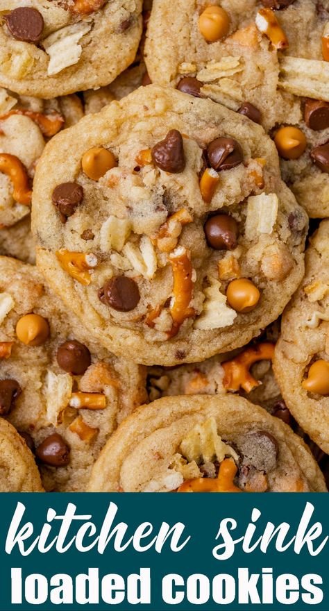 Cookies Butterscotch, Kitchen Sink Cookies Recipe, Chocolate Potato Chips, Sink Cookies, Soft Chewy Cookies, Sugary Treats, Kitchen Sink Cookies, Bake Sale Packaging, Salty Cookies