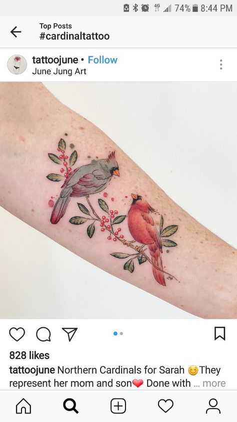 Male and female cardinal tattoo Male And Female Cardinal Tattoo, Cardinal Tattoos For Women, Female Cardinal Tattoo, Cardnial Tattoo, Cardinal Bird Tattoos, Small Cardinal Tattoo, Red Bird Tattoos, Cardinal Tattoo, Cardinal Tattoos