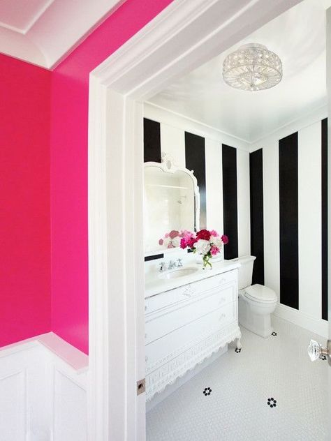 Black And White Striped Wall, Hollywood Glam Bedroom, Striped Walls Vertical, Hollywood Regency Bathroom, Hot Pink Walls, Decorating Hacks, Eclectic Bathroom, Glam Bedroom, Striped Walls