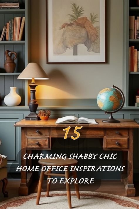 I absolutely adore the cozy and inviting vibe of this shabby chic home office setup! The warm wooden desk paired with vintage decor creates a perfect blend of comfort and style. The globe and personal touches make it uniquely mine. Check out these 15 charming inspirations to elevate your workspace into a dreamy retreat! Globe Office Decor, Antique Desk And Chair, Rustic Small Office Ideas, Cozy Computer Desk, Desk Hutch Decor, Vintage Office Decor Ideas, Boho Desk Space, Vintage Desk Setup, Vintage Office Ideas