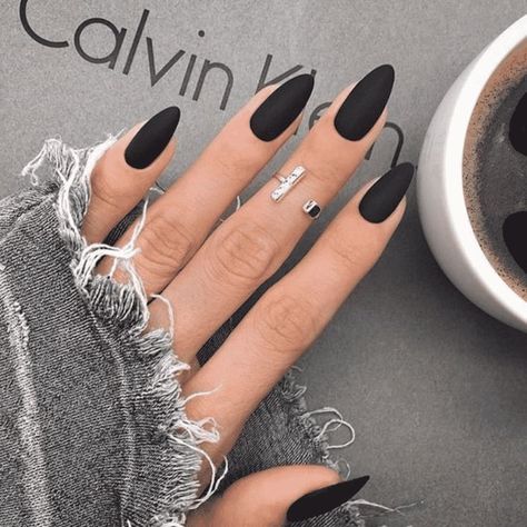 Black Almond Nails, Matte Black Nails, Black Acrylic Nails, Almond Nails Designs, Black Nail Designs, Almond Acrylic Nails, Almond Nail, Black Nail, Oval Nails