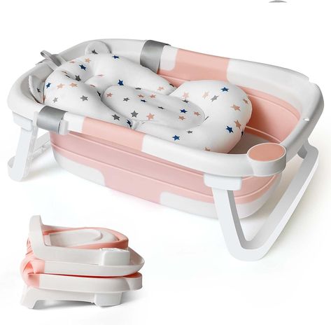 Collapsible Baby Bath Foldable Tub Bathtub Newborn with Seat Support Cushion & Stand Folding Baths for Toddler 0-6 Months Foam Pillow Travel Portable Infant Tubs Soft Bathing Insert Pad Kids Pink Muñeca Baby Alive, Plastic Bathtub, Bath Support, Kids Trampoline, Baby Bath Tub, Bath Girls, Bath Tub, Portable Travel, Cushion Pads