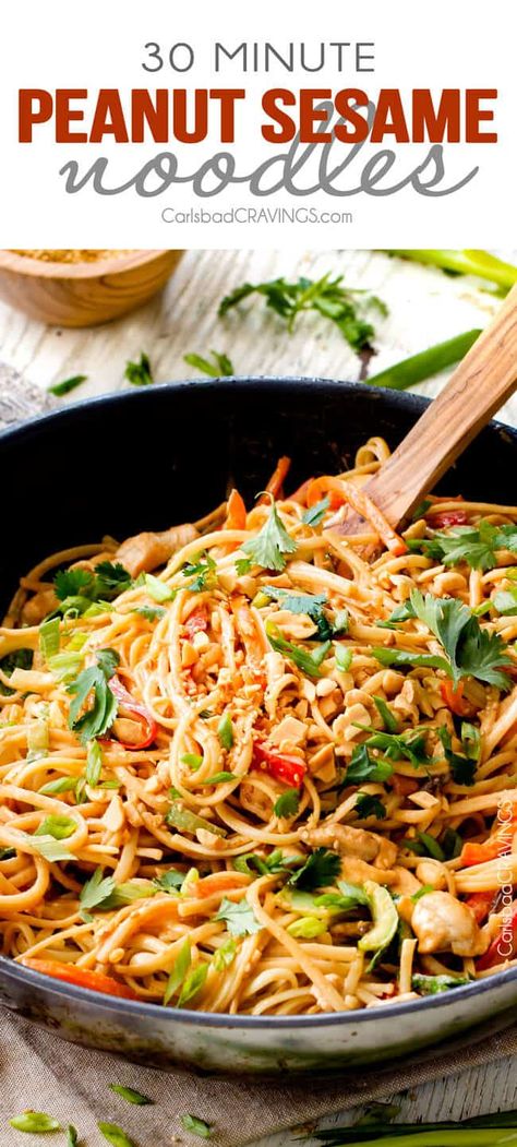 30 Minute Peanut Sesame Noodles (with Chicken and Veggies) - super quick and easy meal all in one with the most amazing creamy peanut sesame sauce you will crave for days! Sesame Noodles With Chicken, Sesame Peanut Noodles, Sesame Noodles Recipe, Noodles With Chicken, Lemongrass Chicken, Chicken And Veggies, Chicken Veggies, Sesame Noodles, Carlsbad Cravings