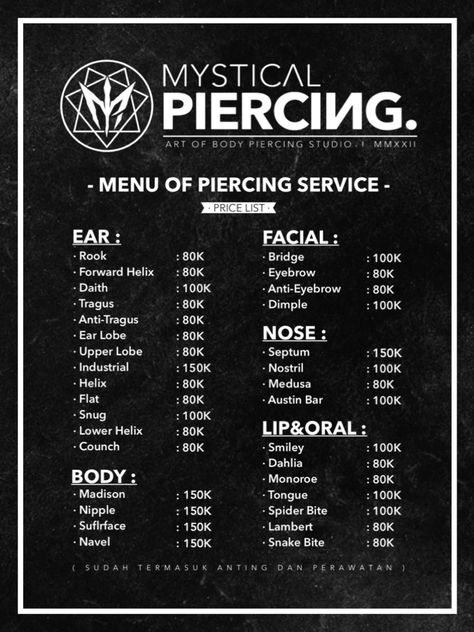 Piercing Salon Design, Piercing Price List, Piercing Shop Aesthetic, Austin Piercing, Piercing Studio Ideas, Piercer Job Aesthetic, Body Piercing Chart, Piercing Decoration, Anti Eyebrow