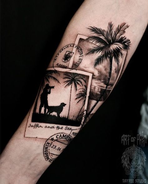 Travel Inspired Tattoos, Watercolor Bike, Travel Tattoo Ideas, Chicanas Tattoo, Adventure Tattoo, Heart Watercolor, Realism Tattoos, Sunset Tattoos, Palm Tattoos