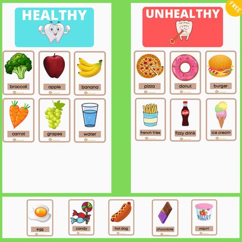 Food Sorting Preschool Free Printable, Healthy Food Activities For Preschool Free Printables, Healthy And Unhealthy Food Project, Sorting Worksheets For Preschool, Food Sorting Activity, Unhealthy Food Pictures, Healthy Food Activities For Preschool, Healthy Food Activities, Food Flashcards