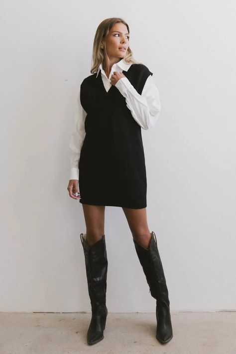 Collared dress in black Long Sweater Vest Dress Outfit, Black Sweater Dress Family Pictures, Long Sleeved Black Dress Outfit, Sweater Dress With Collared Shirt, Long Dress Business Casual, Long Black Sweater Vest Outfit, Black & White Dress, Turtle Neck And Dress Outfit, Sweater Dress With Boots Black Women