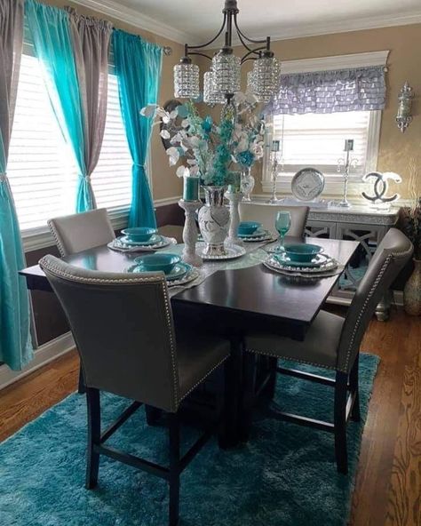 Teal Dining Room Ideas, Teal Decorating Ideas, Apartment Dining Room Decor, Turquoise Living Room, Beautiful Dining Room Decor, Turquoise Dining Room, Wallpaper Dining Room, Dining Room Teal, Wallpaper Dining