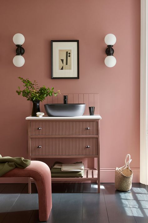 Walls, Skirting & Tiles: Hellebore™ 275. Intelligent Eggshell Vanity Unit: Blush™ 267. Intelligent Eggshell Window Trim: China Clay™ 1. Intelligent Eggshell Floor: Lamp Black™ 228. Intelligent Floor Paint Double Drenching, Bathroom Paint Inspiration, Colour Drenching, Painting Baseboards, Farrow & Ball, Pink Paint Colors, Painting Wooden Furniture, New Paint Colors, Trending Paint Colors