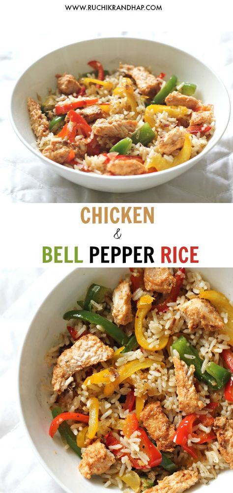 This very simple dish with very basic seasonings and the flavour of bell peppers is the perfect option for a light meal! #chickenrice #ruchikrandhap #bellpeppers #onepotmeal #lowcalrecipe #pulao Bell Pepper Rice, Chicken Bell Pepper, Pepper Rice, Bell Pepper Recipes, Low Cal Recipes, Peppers Recipes, Bell Peppers, Bell Pepper, Healthy Meal Prep