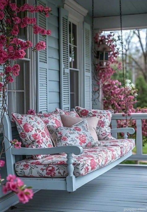 Wrap Around Porch Garden, House With Wrap Around Porch Aesthetic, Wrap Around Porch Farmhouse Aesthetic, Coquette Front Porch, Pink Porch, Pink Patio, Wrap Around Porches, Hanging Daybed Outdoor Porch Swings, Small Porch Ideas