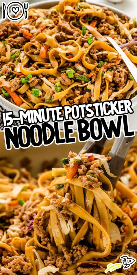 Fast and easy Potsticker Noodle Bowl is made with ground pork, coleslaw mix, noodles, and a simple sauce. 15-minute recipe full of Asian-inspired goodness! Potsticker Noodle Bowl, Potsticker Noodles, Noodle Bowl Recipes, Pork Coleslaw, Easy Dinners For Kids, Noodle Bowls Recipes, Bowls Recipes, Pork Noodles, Chinese Cooking Recipes