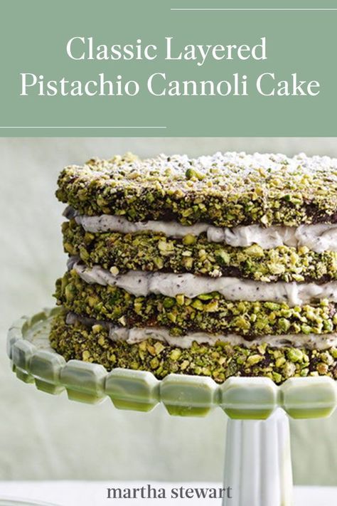 Make this delicious Italian-inspired layered cake for any at-home celebration. This cake is inspired by the classic Sicilian-style cannoli that is full of sweet ricotta, chocolate, and candied orange zest. #marthastewart #recipes #recipeideas #dessert #dessertrecipes Italian Cake Recipes, Pistachio Cannoli, Ricotta Chocolate, Sweet Ricotta, Everyday Cakes, Desert Dessert, Cannoli Cake, Pistachio Dessert, Sicilian Style